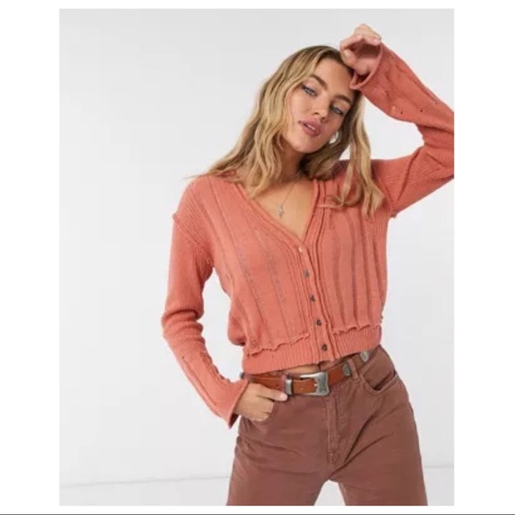 FREE PEOPLE BOHO CARDI LONG SLEEVES RIB KNIT CROP CARDIGAN A3C - Picture 13 of 15